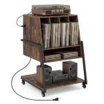 Giantex Record Player Stand on Wheels, 3-Tier Turntable Stand with Charging Station, Compartment & Open Shelf, Holds Up to 150 Vinyl Records, Modern Vinyl Record Storage for Small Spaces, Rustic Brown