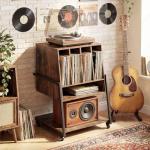 Giantex Record Player Stand on Wheels, 3-Tier Turntable Stand with Charging Station, Compartment & Open Shelf, Holds Up to 150 Vinyl Records, Modern Vinyl Record Storage for Small Spaces, Rustic Brown