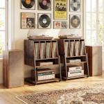 Giantex Record Player Stand on Wheels, 3-Tier Turntable Stand with Charging Station, Compartment & Open Shelf, Holds Up to 150 Vinyl Records, Modern Vinyl Record Storage for Small Spaces, Rustic Brown