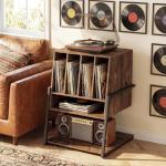 Giantex Record Player Stand on Wheels, 3-Tier Turntable Stand with Charging Station, Compartment & Open Shelf, Holds Up to 150 Vinyl Records, Modern Vinyl Record Storage for Small Spaces, Rustic Brown