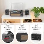 Record Player with Passive Bookshelf Speakers Belt-Drive Vintage Turntable for Vinyl Records External Dual Stereo Speakers LP Players 3 Speed Wireless AUX Headphone Input Auto Stop Retro Black Wooden