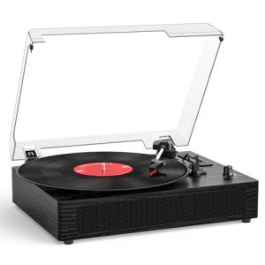Vinyl Record Player with Bluetooth, 3-Speed Belt-Drive Turntable with Built-in Speakers, Easy Setup for Beginners, USB Recording, RCA/AUX/Headphone Jack, Classic Black Wood Design