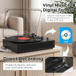 Vinyl Record Player with Bluetooth, 3-Speed Belt-Drive Turntable with Built-in Speakers, Easy Setup for Beginners, USB Recording, RCA/AUX/Headphone Jack, Classic Black Wood Design
