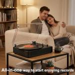 Vinyl Record Player with Bluetooth, 3-Speed Belt-Drive Turntable with Built-in Speakers, Easy Setup for Beginners, USB Recording, RCA/AUX/Headphone Jack, Classic Black Wood Design