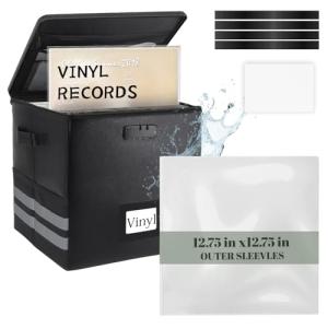 Vinyl Record Storage with 100 Record Sleeves, Fireproof & Water Resistant Record Organizer Box with Lock, Wrinkle-Free Vinyl Clear Sleeves Outer Protective Kits Covers 12.75" Albums 3 Mil Thick
