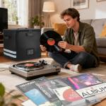 Vinyl Record Storage with 100 Record Sleeves, Fireproof & Water Resistant Record Organizer Box with Lock, Wrinkle-Free Vinyl Clear Sleeves Outer Protective Kits Covers 12.75" Albums 3 Mil Thick