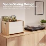 LIBKEN Vinyl Record Storage Box – White & Rubberwood LP Crate with Acrylic Glass – Fits 55 Records – Minimal Scandinavian Design Vinyl Record Holder, Desktop Organizer & Multi-Function Storage Bin