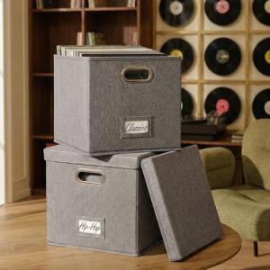 ZICOTO Decorative Vinyl Record Storage Box for 50+ Single Records - Sturdy and Easy to Carry LP Holder with Lid - The Perfect Storage Crate for Your Valuable Album Collection