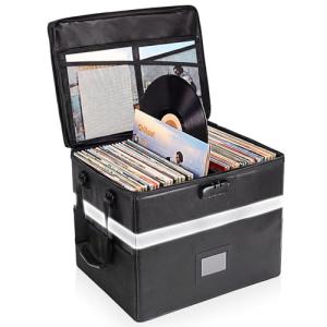 MEBRUDY Vinyl Record Storage Box with Lock, Fireproof & Water Resistant Album Storage for 150+ Records 12 inch, LP Storage Case with Adjustable Handle for Collectors, 16.7" x 13" x 13"
