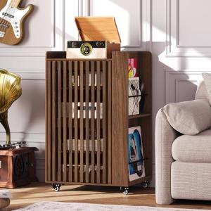 WLLPNG 5-Tier Media Cabinet with Stereo & Vinyl Record Storage, Rolling Stereo Cabinet with Adjustable Shelves and Cable Management, AV Media Stand for Living Gaming Room (Walnut)