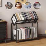 2-Tier Vinyl Record Storage Holder with Dividers, 24.4''W Vinyl Record Display, 300 LPs Vinyl Record Storage Rack, Suitable for Magazines, Books, Documents, Albums