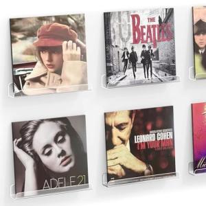 Meaocer Vinyl Record Shelf Wall Mount, 6 Pack 12 inch Clear Acrylic Album Record Holder Display, Kids Bookshelf, Floating Wall Shelves for Bathroom, Bedroom, Living Room, Kitchen (Clear-6pcs)