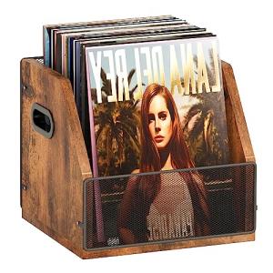 Homeiju Vinyl Record Storage, Record Box Case Crate, Vinyl Record Album Holder, Desktop Metal & Wooden LP Record Crate, Holds up to 60 Records（Patent No.D1024563