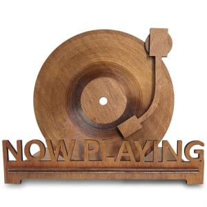 Now Playing Vinyl Record Holder for Record Player Stand | 3D Laser Rustic Vintage Now Spinning Vinyl Record Storage Stand Display | Wooden Sleeves for Music Albums