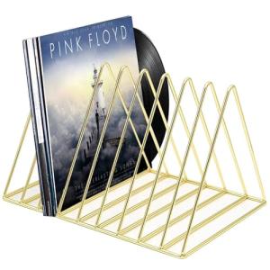 Udreamer 9 Slot Record Holder,Desktop Vinyl Record Storage Holds Up 30 LPs,Metal Magazine Holder Triangle File Holder for Office Homer,Golden
