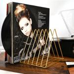 Udreamer 9 Slot Record Holder,Desktop Vinyl Record Storage Holds Up 30 LPs,Metal Magazine Holder Triangle File Holder for Office Homer,Golden