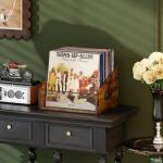 Yuzehuaza Vinyl Record Storage Holder, Trapezoidal LP Vinyl Record Crate with Handle, Wood & Metal Album Storage Desktop Organizer Box for Books Files, Rustic Brown