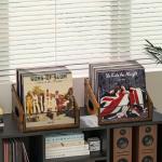 Yuzehuaza Vinyl Record Storage Holder, Trapezoidal LP Vinyl Record Crate with Handle, Wood & Metal Album Storage Desktop Organizer Box for Books Files, Rustic Brown