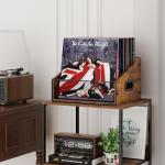 Yuzehuaza Vinyl Record Storage Holder, Trapezoidal LP Vinyl Record Crate with Handle, Wood & Metal Album Storage Desktop Organizer Box for Books Files, Rustic Brown