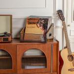 Yuzehuaza Vinyl Record Storage Holder, Trapezoidal LP Vinyl Record Crate with Handle, Wood & Metal Album Storage Desktop Organizer Box for Books Files, Rustic Brown