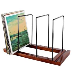 Teyeto Vinyl Record Storage Holder with 4 Metal Dividers, Solid Wood Record Stand for 75 LPs, Built-in Now Playing Display, Sleek Vinyl Rack & Album Organizer for Desktop, Walnut Finish