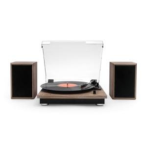 Victrola Montauk Vinyl Record Player, 3-Speed Belt Driven Turntable with Stereo Bluetooth Speaker Pair, RCA Output and 3.5mm Headphone Jack, Removable Dust Cover, Farmhouse Walnut Finish