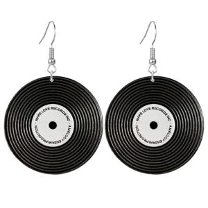 coadipress Vintage Vinyl Records Earrings for Women Retro Black Red Acrylic Long Player DJ Rock Roll 50s 60s 70s Classic Music Circle Record Dangle Drop Earrings Disco Party Jewelry (Black Round)