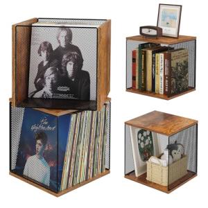 2 Cubes of Record Holder Shelf Storage Furniture - DIY Stackable 80-110 Vinyl Album Visualize Storage Box Cube - Natural Wooden Organizer Crate Cabinet