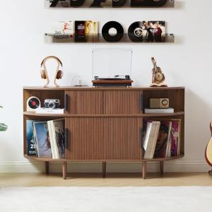 MAHYIZYI Large Record Player Stand, 55'' Wood Vinyl Record Storage Cabinet with Charging Station & USB Ports, Curved Turntable Table Open Shelf Holder Up to 300 Albums for Living Room(Walnut)