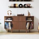 MAHYIZYI Large Record Player Stand, 55'' Wood Vinyl Record Storage Cabinet with Charging Station & USB Ports, Curved Turntable Table Open Shelf Holder Up to 300 Albums for Living Room(Walnut)