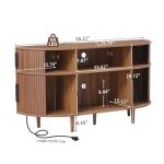 MAHYIZYI Large Record Player Stand, 55'' Wood Vinyl Record Storage Cabinet with Charging Station & USB Ports, Curved Turntable Table Open Shelf Holder Up to 300 Albums for Living Room(Walnut)