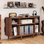 MAHYIZYI Large Record Player Stand, 55'' Wood Vinyl Record Storage Cabinet with Charging Station & USB Ports, Curved Turntable Table Open Shelf Holder Up to 300 Albums for Living Room(Walnut)