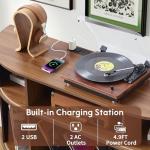 MAHYIZYI Large Record Player Stand, 55'' Wood Vinyl Record Storage Cabinet with Charging Station & USB Ports, Curved Turntable Table Open Shelf Holder Up to 300 Albums for Living Room(Walnut)
