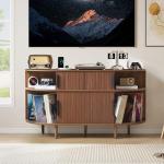 MAHYIZYI Large Record Player Stand, 55'' Wood Vinyl Record Storage Cabinet with Charging Station & USB Ports, Curved Turntable Table Open Shelf Holder Up to 300 Albums for Living Room(Walnut)