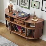 MAHYIZYI Large Record Player Stand, 55'' Wood Vinyl Record Storage Cabinet with Charging Station & USB Ports, Curved Turntable Table Open Shelf Holder Up to 300 Albums for Living Room(Walnut)