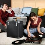 Hododou Vinyl Record Storage Box with Lock Record Organizer Storage for 30+ Single Records 12-inch Water Resistant Collapsible Storage Crate with Lid Handle Mesh Pouch for Valuable Album Collection