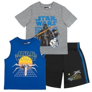 STAR WARS Boys 3 Piece Short Set Short Sleeve Shirt Tank Top Shirt and Shorts 3 Pack Bundle Set for Kids and Toddlers (Blue and Grey Size 5/6)