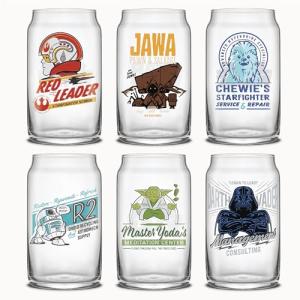 JoyJolt Star Wars Retro Vintage Collection 16.9oz Glass Tumblers - Featuring Darth Vader, R2D2, Yoda, Chewbacca, Red Leader, Jawa - Original Trilogy Drinkware, Set of 6 with Glass Straws