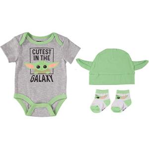 STAR WARS Yoda Baby Boys Bodysuit Bootie Socks and Hat 3 Piece Gift Set (Grey/Green/White, 0-6 Months)