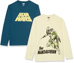 Amazon Essentials Disney | Marvel | Star Wars Men's Long-Sleeve T-Shirts, Pack of 2, Light Yellow Star Wars Mando/Navy Star Wars, X-Large