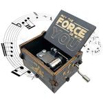 MAD DI Music Box, Wooden Hand Crank Unique Musical Boxes Theme Starwars, Mini Antique Vintage Craft Laser Engraved Home Decorations for Christmas, Wedding, Valentines, Birthday Gifts(Black)