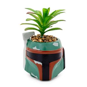 Star Wars Boba Fett Helmet 3-Inch Ceramic Planter with Artificial Succulent | Small Flower Pot, Faux Indoor Plant for Desk Shelf, Trinket Tray | Cute Home Decor Gifts and Collectibles
