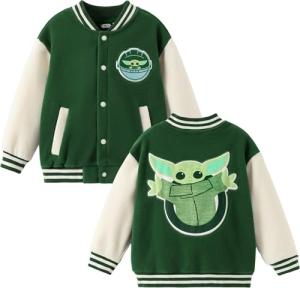 STAR WARS Yoda Toddler Boys Girls' Varsity Jacket Polar Fleece Bomber Jackets Snap Button Front & Pockets Kid Sport Cardigan School Varsity Coat Long Sleeve Outdoor Clothing Green Size 4-5 Years
