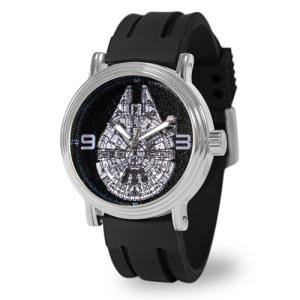 STAR WARS Sport-Inspired Men’s Watch, Featuring Millennium Falcon Dial – Vintage Style Gift for Sci-Fi Collectors and Adventure Fans – Silver-Tone Case, Bezel, and Black Silicone Strap