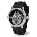 STAR WARS Sport-Inspired Men’s Watch, Featuring Millennium Falcon Dial – Vintage Style Gift for Sci-Fi Collectors and Adventure Fans – Silver-Tone Case, Bezel, and Black Silicone Strap