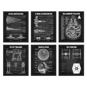 BigWig Prints: Star Wars Blueprints - Star Wars Poster, Starwars Wall Decor, Starwars Posters for Walls, Deathstar, Millennium Falcon, X Wing, Tie Fighter, AT-AT Gifts - Unframed Set of 6 (8x10)