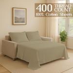 Sleeper Sofa Bed Sheet, 100% Cotton 400 Thread Count, 4 Piece Set, Deep Pocket Fitted Sheet, Soft Wrinkle Free & Breathable, Luxury Hotel Quality, Fits Up to 6 Inch Mattress (Queen, Beige)