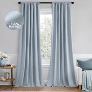 MIULEE 100% Blackout Curtains 84 Inch Long 2 Panels Set for Bedroom, Thick Faux Linen Black Out Curtain Room Darkening Back Tab Pleat Window Textured Drapes with Hooks for Living Room, Chambray Blue