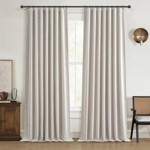 QJmydeco Black Out 96 Inch Long Boho Curtains 2 Panel Set, Farmhouse Curtains for Living Room Darkening/Thermal/Noise Reduction Textured Flax Linen Drape 8ft Hook&Ring Included Birch Off White 50"x96"