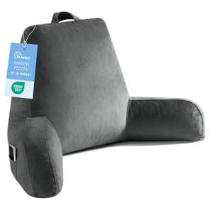 OAISZ Reading Pillow for Sitting in Bed Adult, 19" Reading Pillow with Shredded Memory Foam, Back Pillow for Sitting Up with Extend Arms, Pockets, Bed Pillow with Washable Cover, Grey